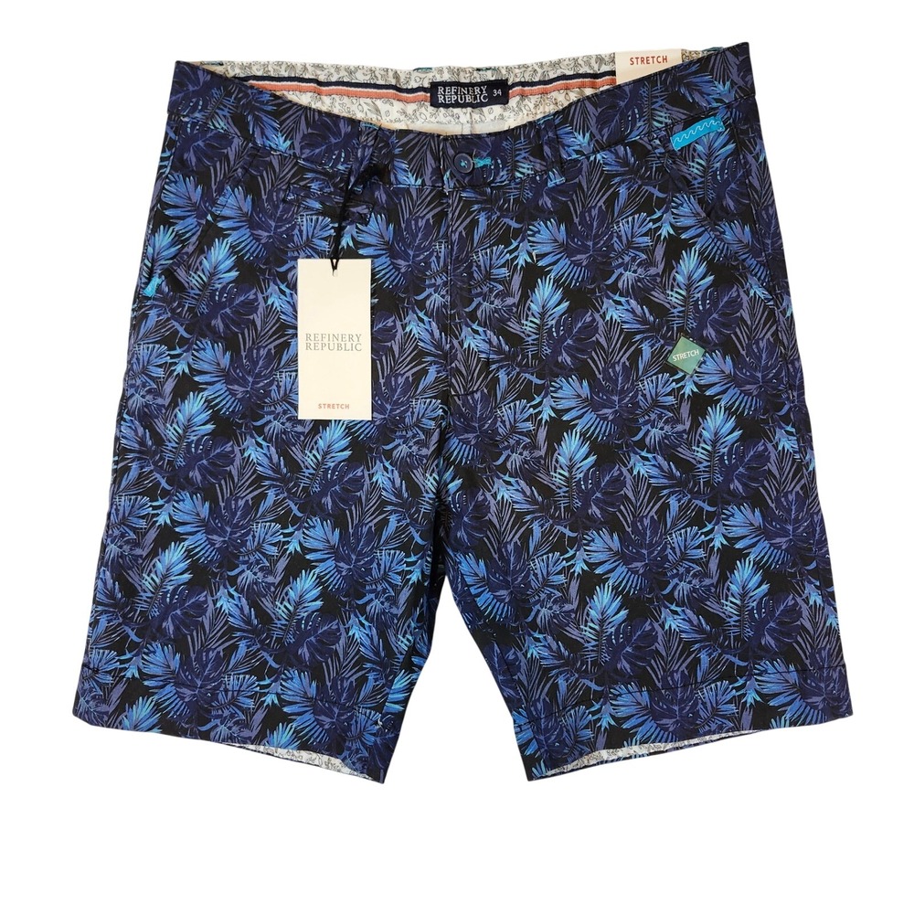 Refinery Republic Shorts Mens 34 Blue NEW Tropical Palm Leaf Print Stretch Chino